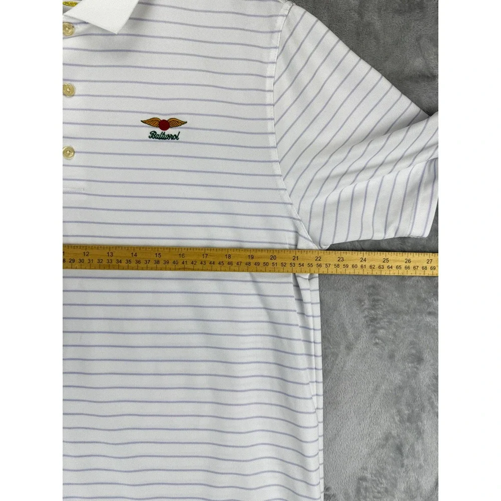 Greg Norman Mens Polo Shirt XL White Purple Striped Baltusrol Golf Play Dry Logo